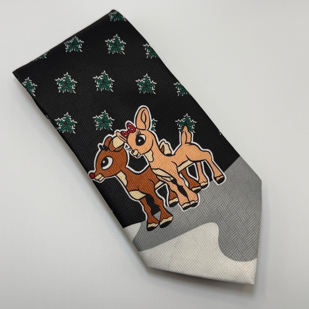 Rudolph Necktie OS Christmas Holiday Clarice Holly Black Red Nose Reindeer Retro